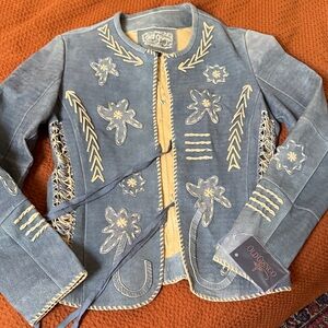 Old Gringo Blue Leather Jacket with Cream Embroidery